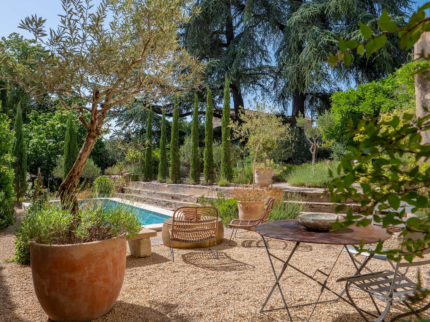 Jardin méditerranéen aménagé à Grasse avec oliviers, cyprès, graviers et piscine, par Morgan ERETEO Jardins